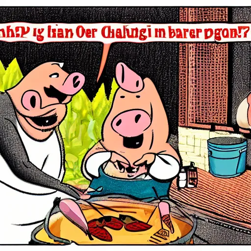 Image similar to a cartoon of a pig screaming in horror as another pig gets barbequed, funny, by Disney