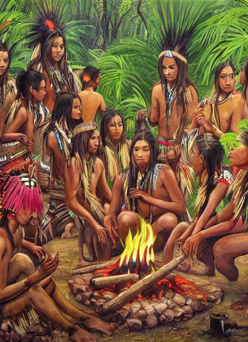 Prompt: a beautiful painting of an indigenous tribe around a fire in the jungle