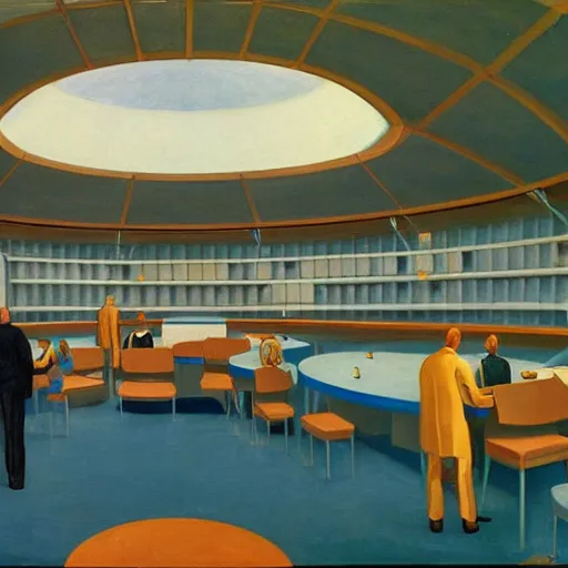 Image similar to robotic scientists in a dome - shaped control center, blue, teal, gray, black, grant wood, pj crook, edward hopper, oil on canvas