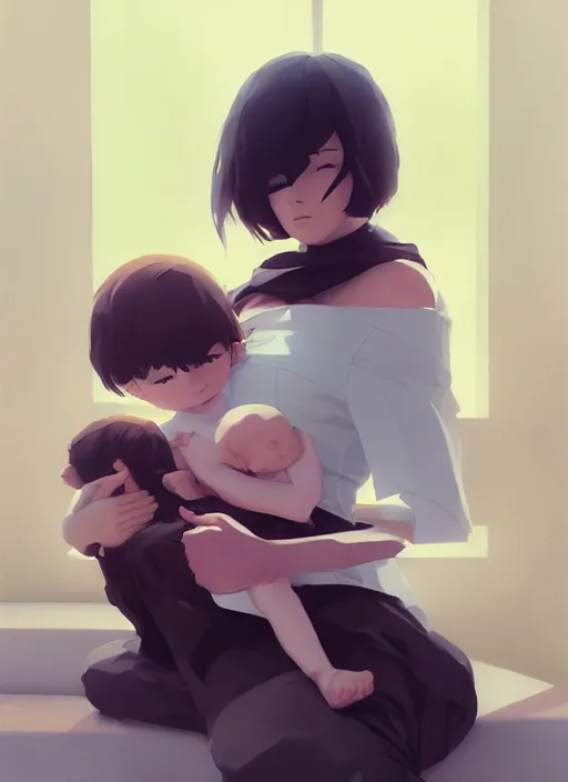 Prompt: a mother cradling her baby by ilya kuvshinov and cushart krentz and gilleard james