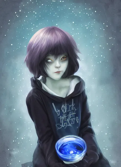 Image similar to medium shot A twelve years old girl with orange eyes, dark blue bob cat length curly dark blue dyed hair with a thoughtful expression wearing a black hoodie with white eyes ornament and grunge jeans, she is in the potions workshop, near the black cauldron, making a potion, blue shiny lighting, beautiful fantasy art by By Artgerm and Hayao Miyazaki, trending on artstation