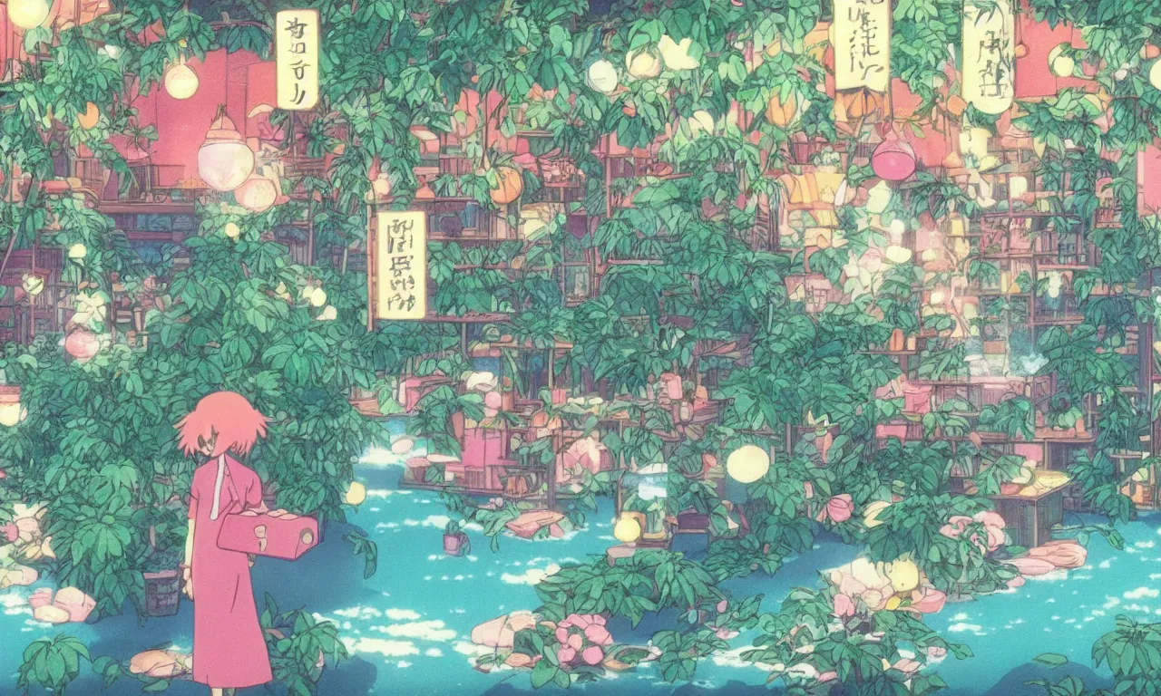 Image similar to A cute aesthetic still frame from an 80's anime, magic bookshop with lush plants, magic details, waterfall, lanterns