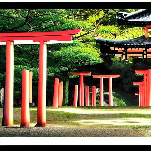 Prompt: a japanese landscape filled with torii arches, dawn, by adriane tomine