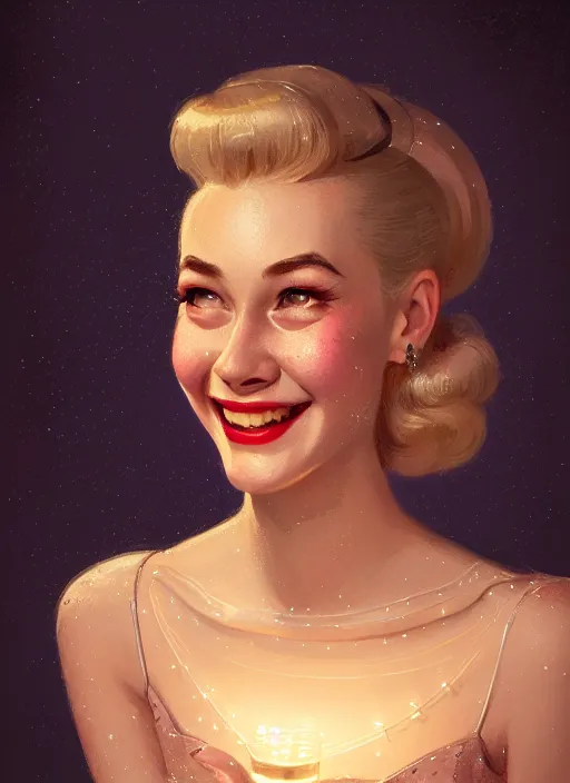 Image similar to portrait of betty cooper, smiling kindly, 1 9 5 0 s, intricate, elegant, glowing lights, highly detailed, digital painting, artstation, concept art, smooth, sharp focus, illustration, art by wlop, mars ravelo and greg rutkowski