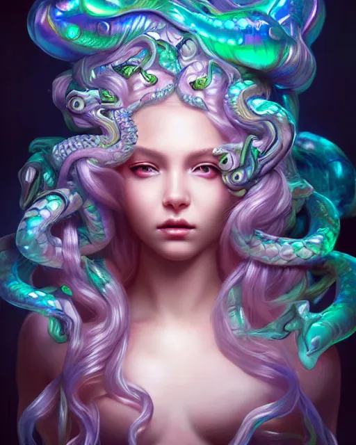 Image similar to cute female medusa woman dragon chimera of iridescent liquid, alchemy, shiny plastic, intricate, bloom, detailed, volumetric lighting, sharp focus, photorealism, digital painting, highly detailed, concept art, by by artgerm and wlop