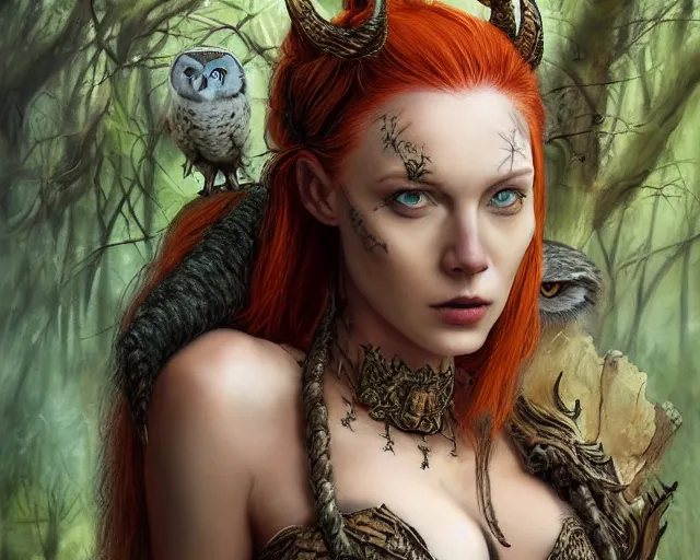 Image similar to 5 5 mm portrait photo of an armored gorgeous anesthetic redhead woman warrior with a face tattoo and horns growing from her head, and owl sitting on her shoulder in a magical forest in the style of stefan kostic, art by luis royo. highly detailed 8 k. intricate. lifelike. soft light. nikon d 8 5 0. cinematic post - processing