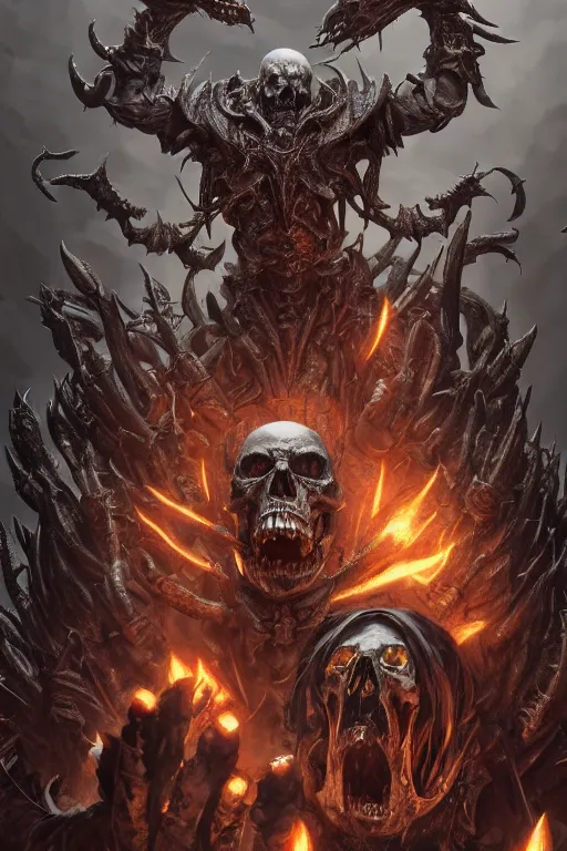 Image similar to death lord stand on skulls, highly detailed, d & d, fantasy, highly detailed, digital painting, trending on artstation, concept art, sharp focus, illustration, global illumination, ray tracing, realistic shaded, art by artgerm and greg rutkowski and fuji choko and viktoria gavrilenko and hoang lap,