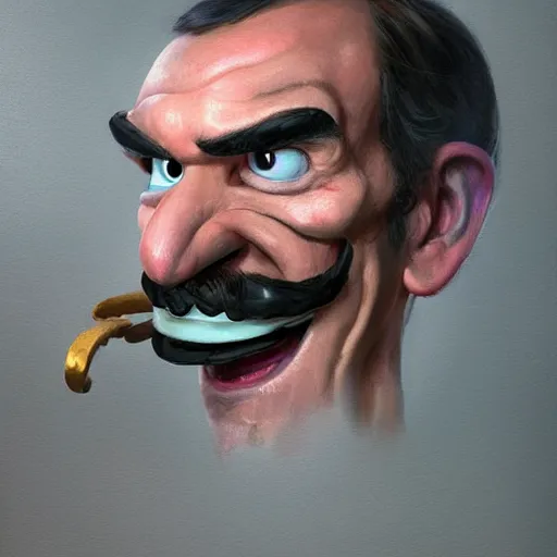 Image similar to portrait painting waluigi, silly, angry, rolling his eyes, painted by greg rutkowski,