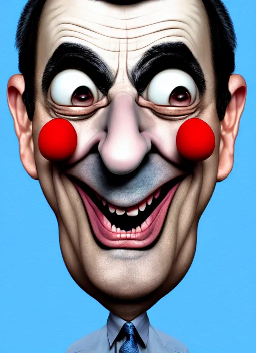 Prompt: highly detailed caricature portrait of mr bean with clown makeup by ross tran, by greg rutkowski, brush strokes, 4 k resolution, light blue pastel background