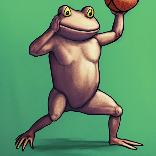 Image similar to a six foot tall anthropomorphic toad playing basketball, style of maurice sendak, painting, 4 k, artstation