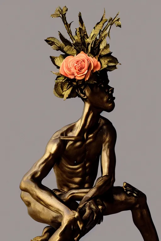 Image similar to a full-body bronze statue of Jean-Michel Basquiat sitting and thinking, wearing a rococo crown of peach roses, 3d octane render