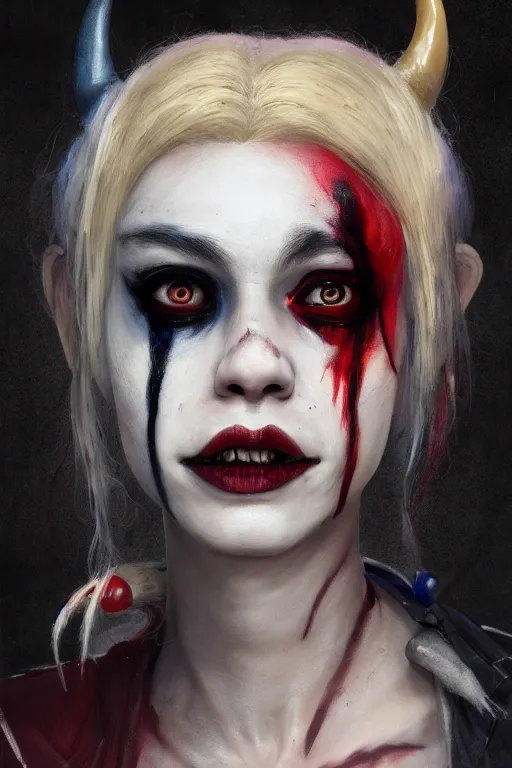 Image similar to a portrait of a scary Harley Quinn by Greg Rutkowski, Sung Choi, Mitchell Mohrhauser, Maciej Kuciara, Johnson Ting, Maxim Verehin, Peter Konig, final fantasy , mythical, 8k photorealistic, cinematic lighting, HD, high details, atmospheric,