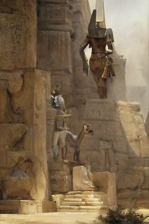 Image similar to beautiful landscape oil painting, of ancient egypt giant satue of anubis, art by anders zorn, wonderful masterpiece by greg rutkowski, beautiful cinematic light, thomas lawrence, greg rutkowski