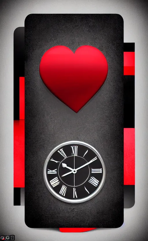 Image similar to a melting Roman numeral clock, behind a red and black gradient background, awith a black heart shaped on the top left corner and a black diamond card shape in the bottom right corner, dynamic lighting, photorealistic fantasy concept art, trending on art station, stunning visuals, cinematic, creative, ultra detailed