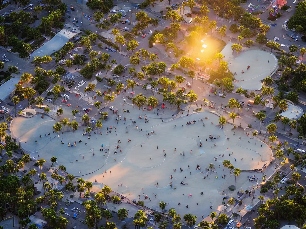 Image similar to “A ariel view 28mm photo of the venice beach skate park at sunset, national geographic photo, majestic”