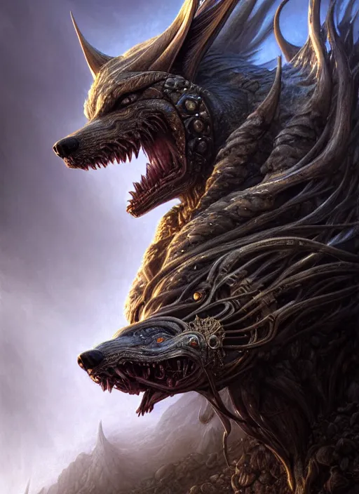 Image similar to closeup portrait shot of a fenrir in a scenic dystopian environment, intricate, elegant, highly detailed, centered, digital painting, artstation, concept art, smooth, sharp focus, illustration, artgerm, tomasz alen kopera, peter mohrbacher, donato giancola, joseph christian leyendecker, wlop, boris vallejo