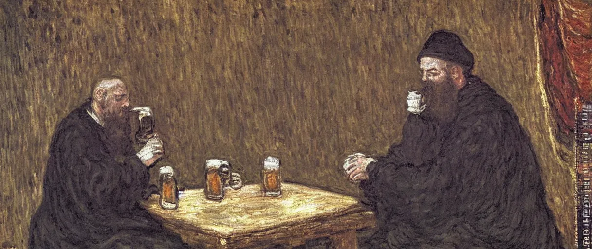 Image similar to a medieval monk drinking a mug of beer in his cell; detailed; a painting by Claude Monet