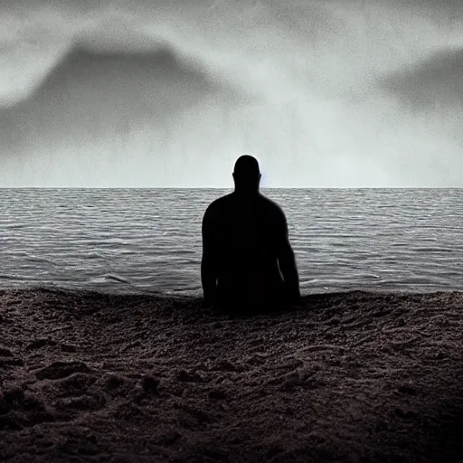 Prompt: one single man sits beside a fire on the beach by a lake on a dark night ; meanwhile a great massive monster creature of shadow and evil rises out of the water barely visible in the darkness, modern supernatural eldritch horror thriller aesthetic inspired by david mattingly and gregory crewdson and frank miller and christopher mckenney, high quality high detail matte painting.
