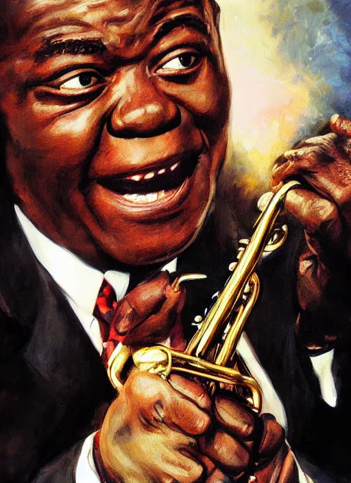 Prompt: a portrait of louis armstrong holding a white handkerchief, by drew struzan, dramatic lighting, highly detailed digital painting