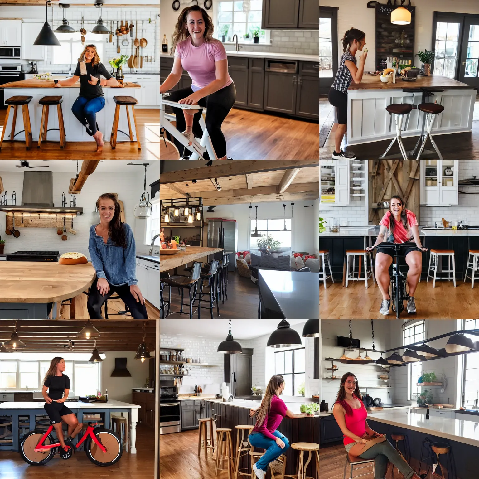 Prompt: ally love eating a burger in a modern farmhouse style kitchen, sitting on a peloton bike