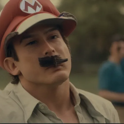 Image similar to Mario smoking in an A24 film aesthetic!!!