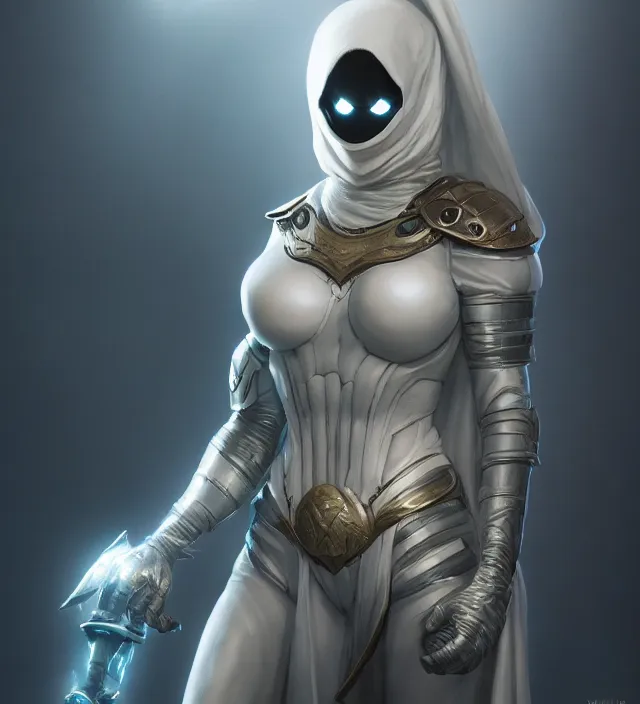 Image similar to female moon knight, hyper detailed, digital art, trending in artstation, cinematic lighting, studio quality, smooth render, unreal engine 5 rendered, octane rendered, art style by klimt and nixeu and ian sprigger and wlop and krenz cushart