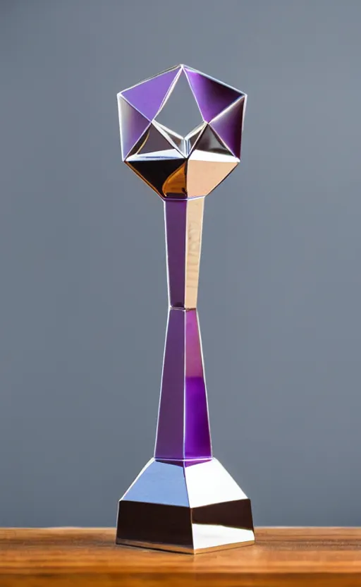 Prompt: a tall reflective very symmetrical polyhedral 3 d printed steel engineering trophy on a dark purple backdrop in a medieval themed castle in golden afternoon light, professional food photography