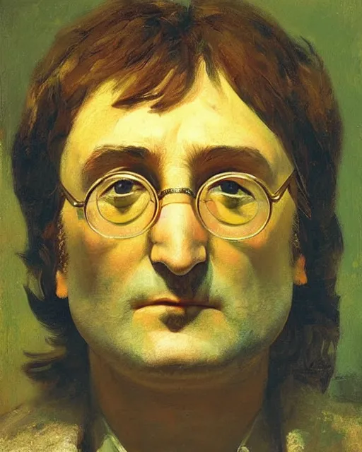 Prompt: painterly portrait, John Lennon, impasto, fantasy, chuck close:7, carl spitzweg:7, cinematic light, full face, symmetrical face