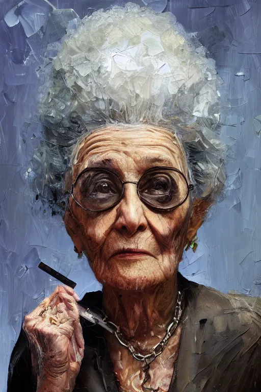 Prompt: palette knife oil painting portrait of ariadne, a mysterious spiritual guide who is a chain smoking old lady in an ashen trench coat. ghost. extreme detail, any racial background, artstation trending, artgerm, deviant art, octane, substance, art history 8 k