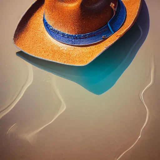 Image similar to photograph of a cute fish wearing a cowboy hat, underwater photograph, clear image, 4 k resolution, award winning, blue water