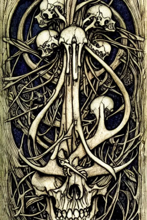 Image similar to memento mori by arthur rackham, detailed, art nouveau, gothic, intricately carved antique bone, skulls, botanicals
