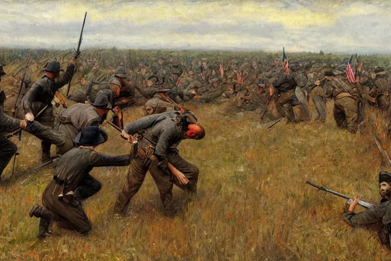 Prompt: american civil war trench battle in the style of jules breton