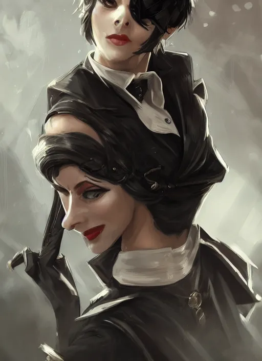 Prompt: a highly detailed illustration of beautiful short black messy haired woman wearing pirate eyepatch and noir style suit and tie, dramatic smiling pose, intricate, elegant, highly detailed, centered, digital painting, artstation, concept art, smooth, sharp focus, league of legends concept art, WLOP