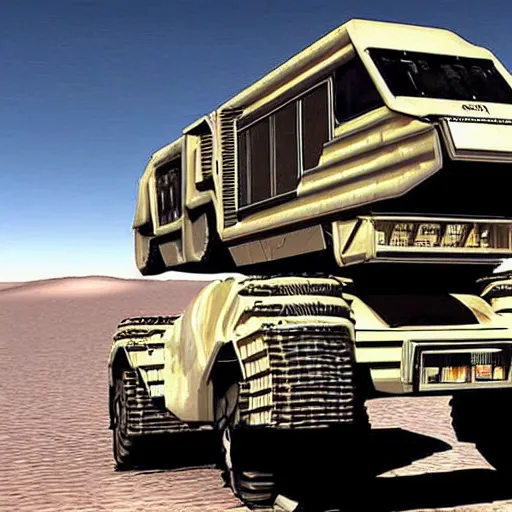 Image similar to Sci-Fi industrial futuristic Brutalism huge carrier vehicle desert