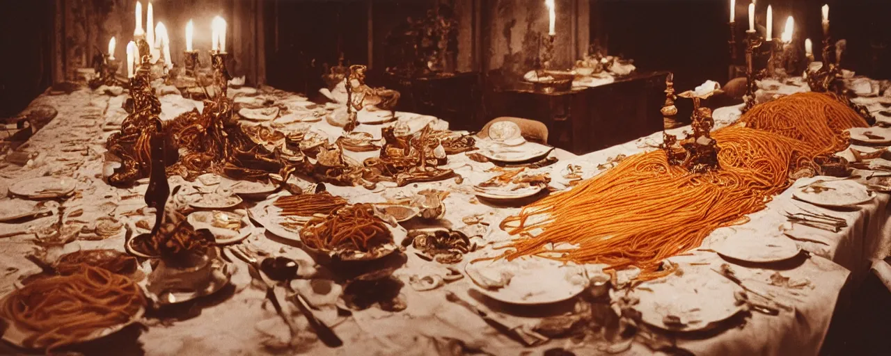 Image similar to a long banquet table covered in spaghetti, victorian era, ravenous guests, canon 5 0 mm, cinematic lighting, photography, retro, film, kodachrome, closeup