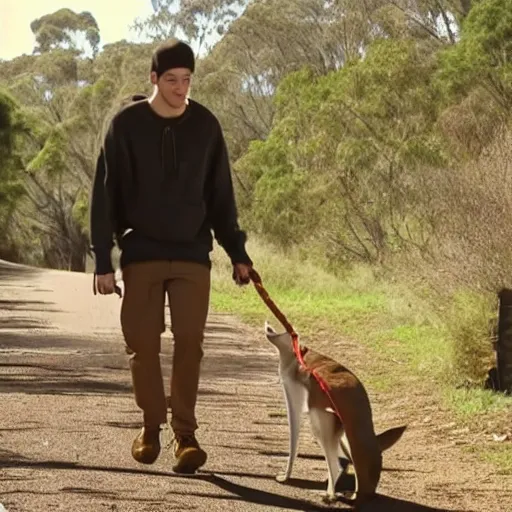 Image similar to Pete Davidson!!! walking a kangaroo, still from a 4k movie,