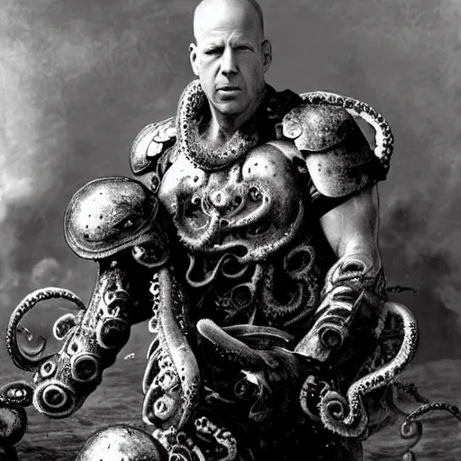 Image similar to old black and white photo, 1 9 1 3, depicting bruce willis in combat armor fighting giant octopus, historical record, tentacles around