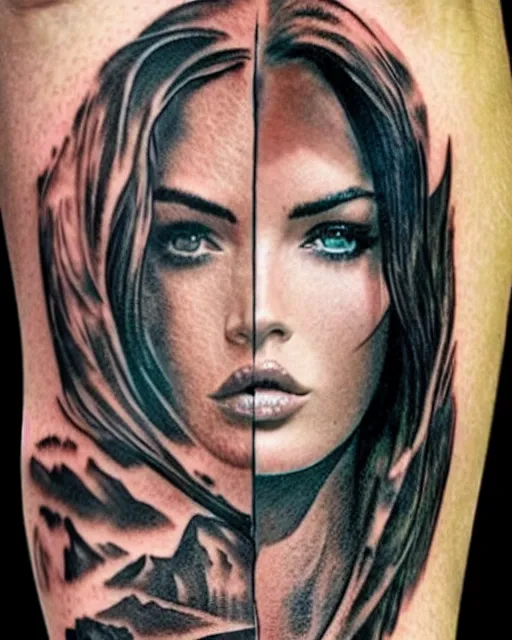 Image similar to double exposure effect tattoo design sketch of megan fox with beautiful mountains, realism tattoo, in the style of andrey lukovnikov, amazing detail, sharp, surrealist