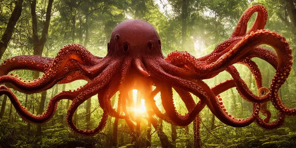 Prompt: a highly detailed giant octopus god floating in the middle of a forest, beautiful ambient light, sun rays hitting the slightly translucent creature, his eyes are black and stare deeply into our soul, golden hour, 8k photography