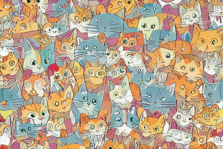 Image similar to beautiful art illustration of a group of happy cats by studio ghibli, thick lineart, highly detailed, seamless pattern, tiling, anime style