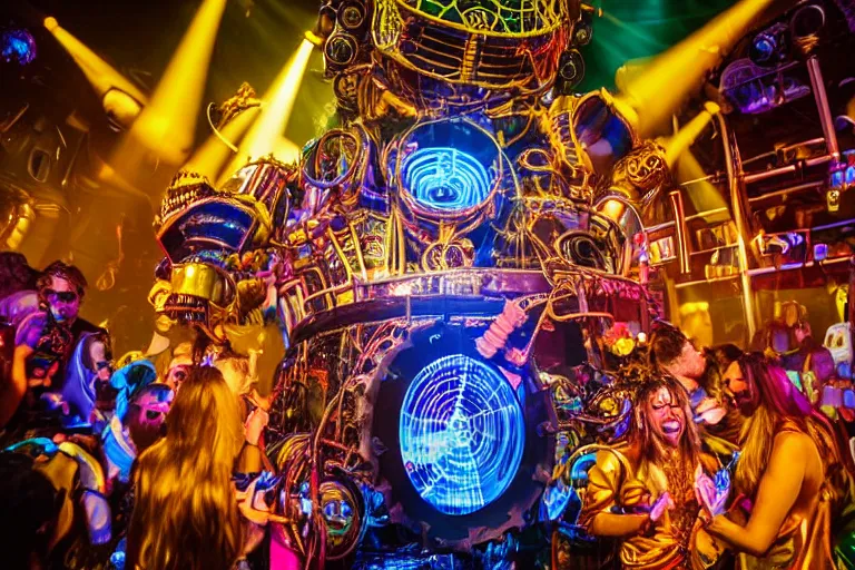 Image similar to scene is elrow party in amnesia in ibiza, portrait photo of a giant huge golden and blue metal steampunk robot, with gears and tubes, eyes are glowing red lightbulbs, audience selfie, shiny crisp finish, 3 d render, 8 k, insaneley detailed, fluorescent colors, haluzinogetic, background is multicolored lasershow