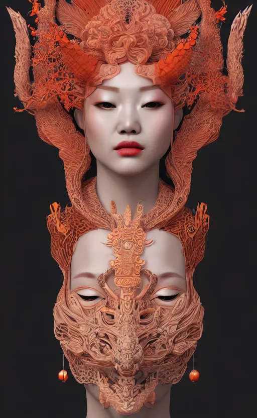 Image similar to 3 d goddess medium shot profile portrait. beautiful intricate highly detailed korean gumiho mask and traditional korean hanbok. stingray, magpie, bio luminescent, plasma, lava, ice, water, wind, creature, artwork by tooth wu and wlop and beeple and greg rutkowski, trending on artstation,