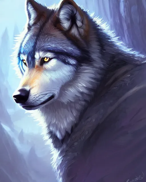 Image similar to wolf portrait, backlight, rim lighting, deep focus, d & d, fantasy, intricate, elegant, highly detailed, digital painting, artstation, concept art, matte, sharp focus, illustration, hearthstone, art by artgerm and greg rutkowski and alphonse mucha