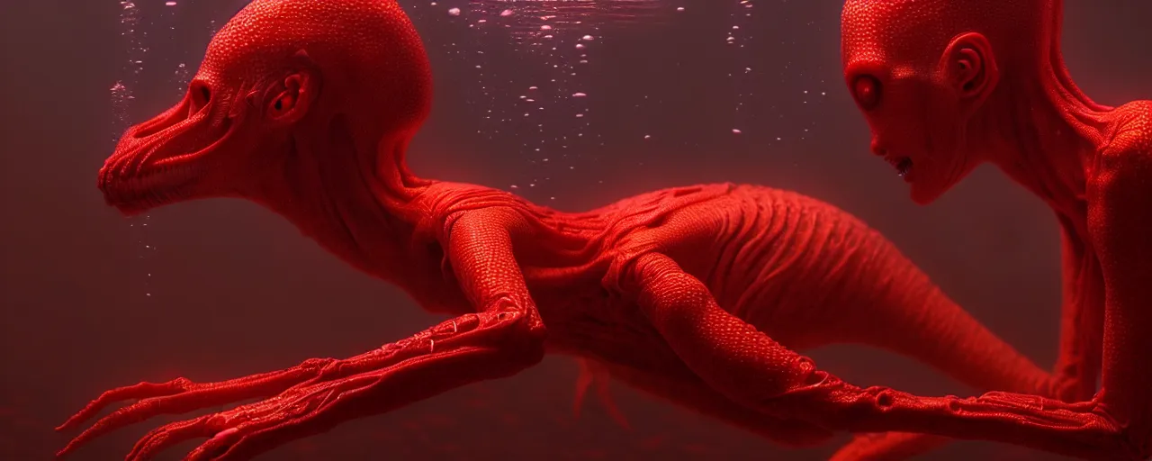 Prompt: ultra realistic horror photo of a dimly lit red female alien creature underwater, very intricate details, focus, full frame image, curvy, model pose, artwork by tooth wu and wlop and beeple and greg rutkowski, award winning