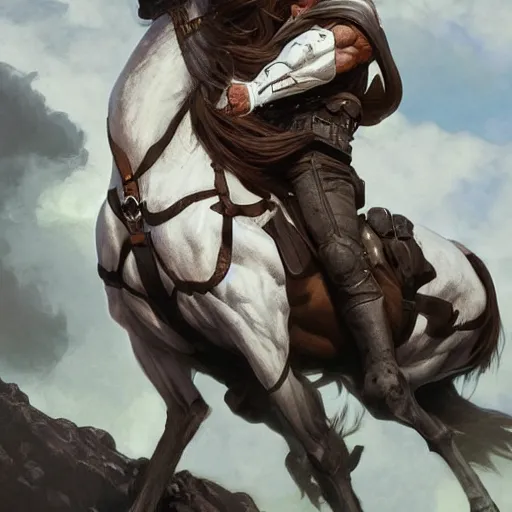 Image similar to splash art of bara horse fursona, wearing kevlar, sporting a long white mane, exaggerated muscles, highly detailed, furry, furaffinity, digital painting, artstation, sharp focus, illustration, art by artgerm, greg rutkowski, alphonse mucha