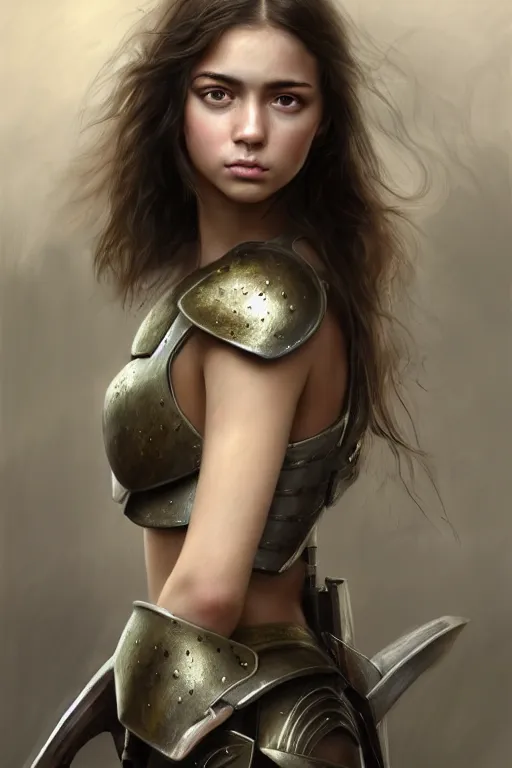 Image similar to a photorealistically painted portrait of an attractive young girl, partially clothed in military battle armor, with an abstractly painted background, flawless olive skin, fair complexion, long dark hair, beautiful bone structure, perfectly symmetric facial features, perfect photorealistic eyes, natural physique, intricate, elegant, digital painting, concept art, finely detailed, beautifully illustrated, sharp focus, minimal artifacts, volumetric lighting, from Halo, by Ruan Jia and Mandy Jurgens and Artgerm and William-Adolphe Bouguerea, in the style of Greg Rutkowski, trending on Artstation, award winning art