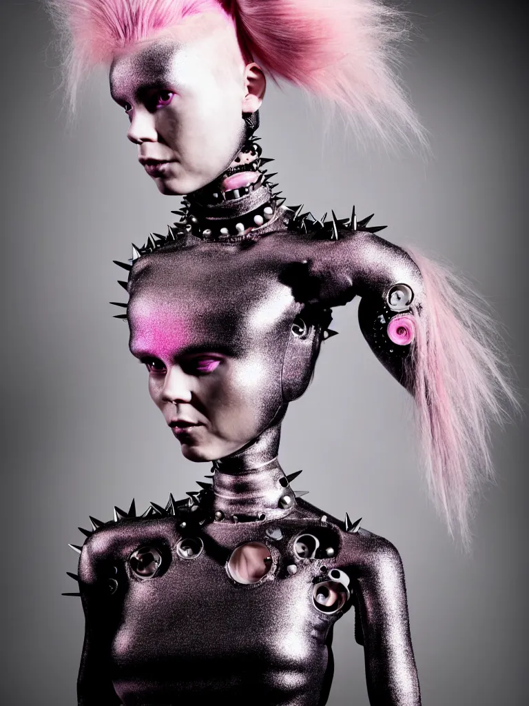 Prompt: portrait of a biomechanical goddess wearing a steel spikes studded iridescent beauty mask and pink hair buns, wearing a black bodysuit by alexander mcqueen, cream white background, soft diffused light, biotechnology, humanoid robot, perfectly symmetric, bjork aesthetic, translucent, by rineke dijkstra, intricate details, highly detailed, masterpiece,