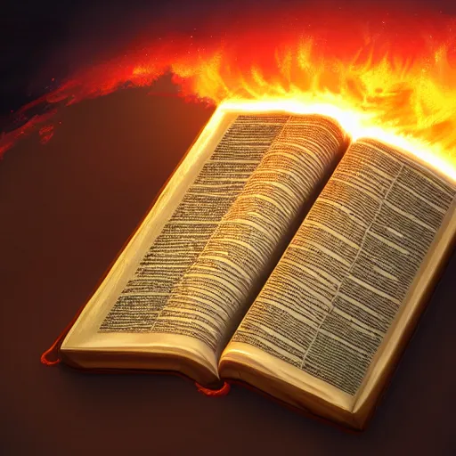 Prompt: fire hovering over an open Bible icon, cgsociety, artstationhq, digital art, detailed