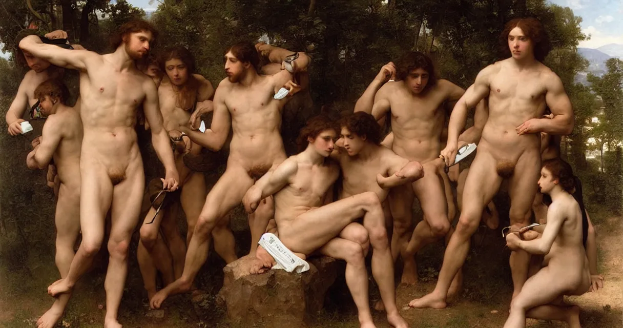 Image similar to large group of pre-Raphaelite muscular athletic male wearing headset siting and working on macbook Bouguereau and raphael