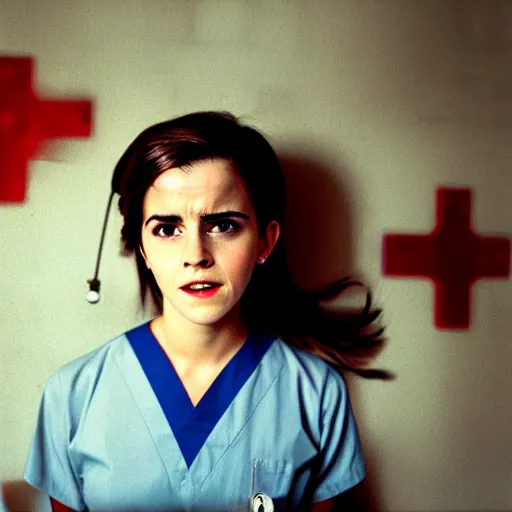 Image similar to emma watson, nurse scrubs, hospital, portrait, angry, mouth open, mid view head and shoulders, award winning, kodak ektachrome expired blue tint,